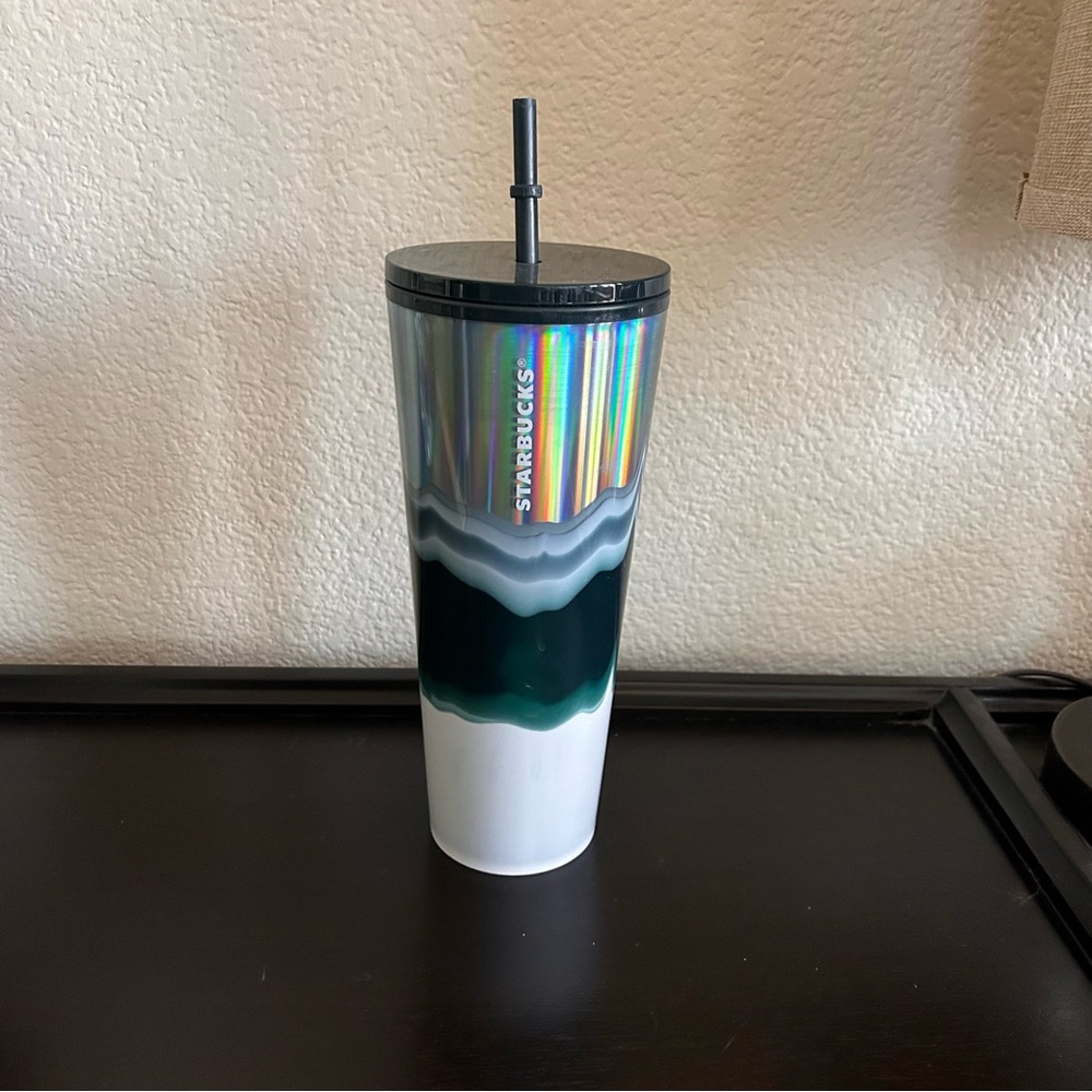 Starbucks 2021 Holiday Silver Dark Green White Wave Tumbler 24 oz excellent